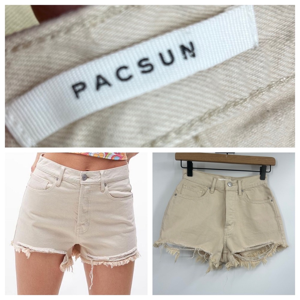 PacSun Eco Beige Ripped Vintage High Waisted Denim Shorts Button Fly Sz 23